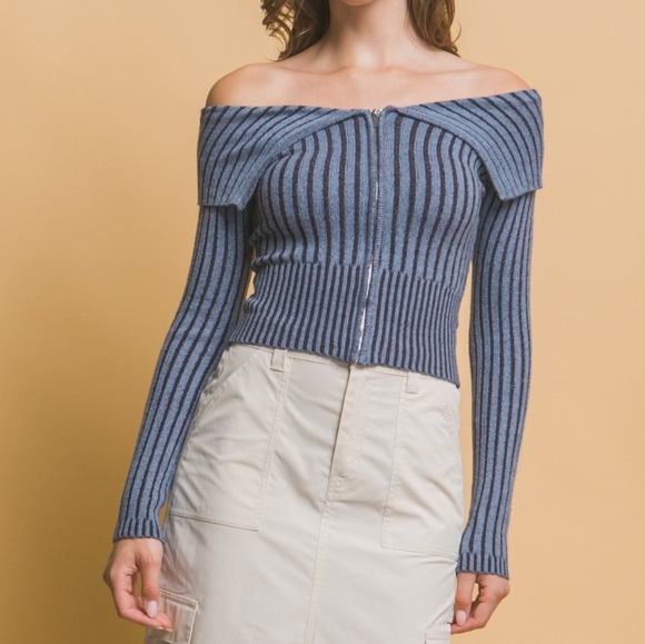 Zip-Me-Up Bardot Ribbed Top - Blue - Picture 6 of 10